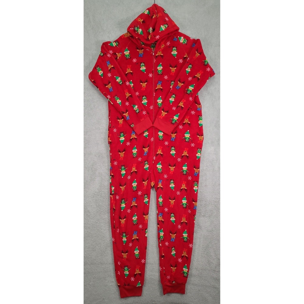 Family PJs Macys Mens Large Red Christmas Reindeer Elf Fleece Hooded One Piece